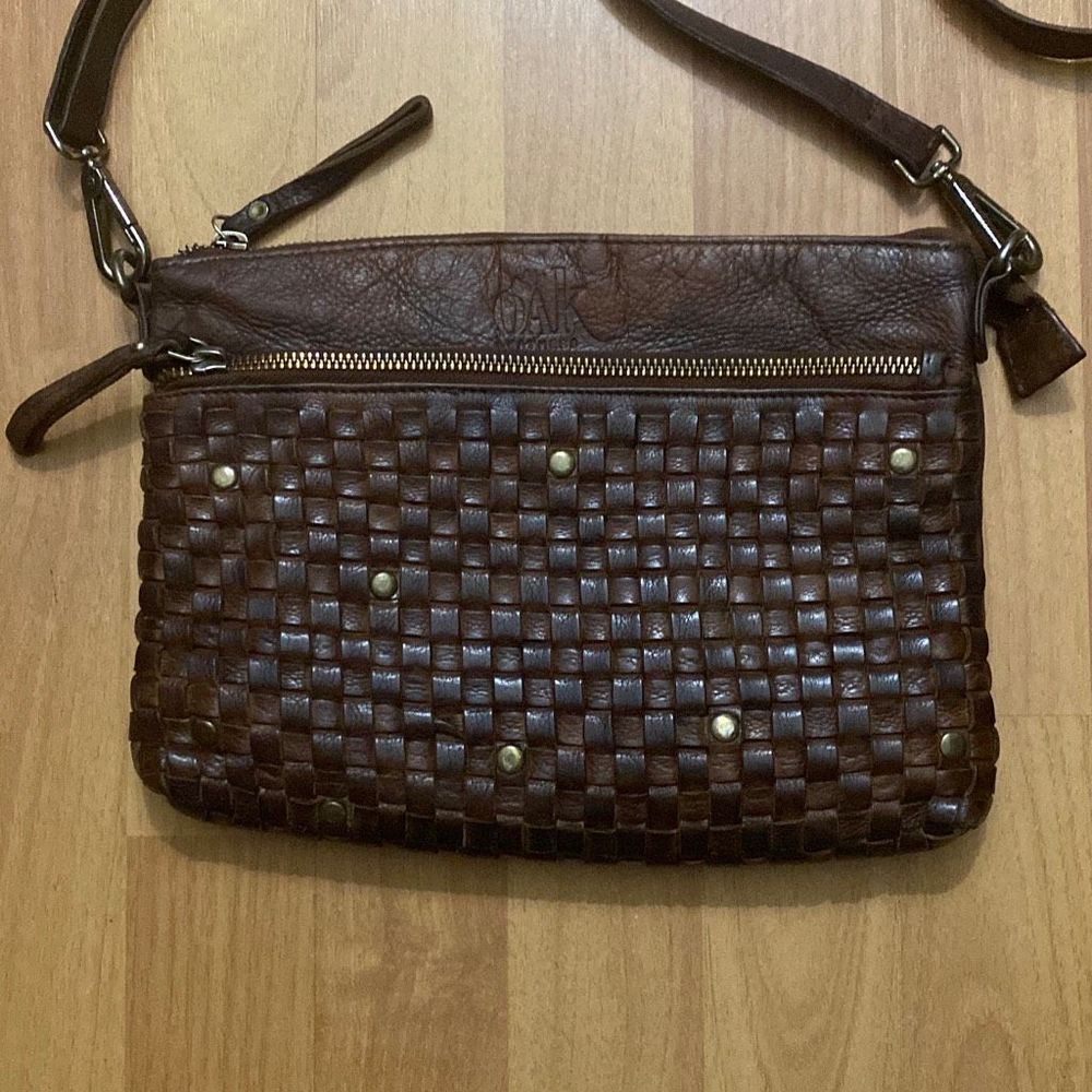 Oak Leathers Brown Weaved Studs Crossbody Shoulder Bag